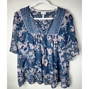 Knox Rose Womens XL Peasant Shirt Blue Pink Floral Sheer Tie Cottagecore Boho